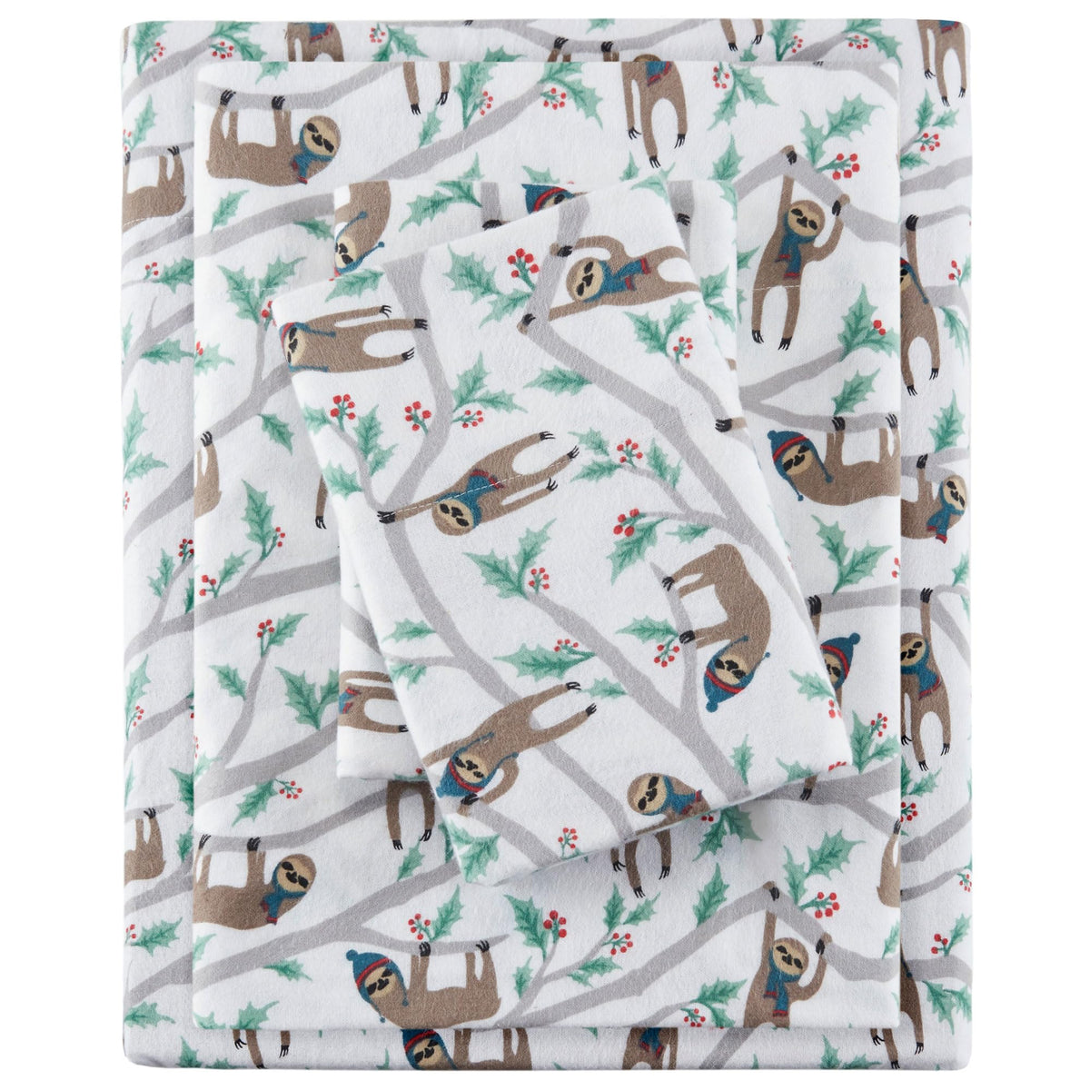 True North by Sleep Philosophy Cozy Flannel Warm 100% Cotton Sheet - Novelty Print Animals Stars Cute Ultra Soft Cold Weather Bedding Set, Queen, Multi Sloth 4 Piece