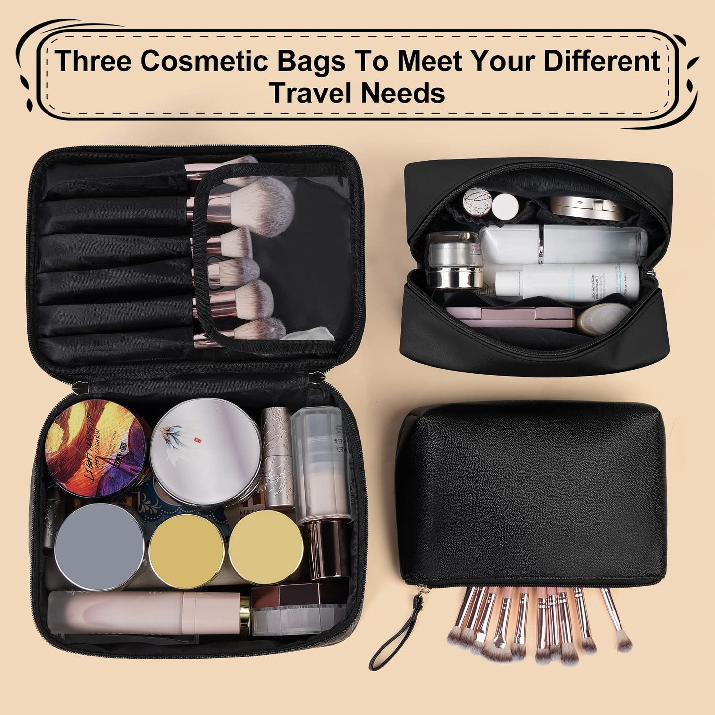MAANGE 3 Pcs Makeup Bag(L+M+S) Travel Cosmetic Bags with Brush Compartment PU Leather Small Makeup Bag Portable Make Up Bag Versatile Zipper Makeup Pouch for Women, Black