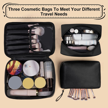 MAANGE 3 Pcs Makeup Bag(L+M+S) Travel Cosmetic Bags with Brush Compartment PU Leather Small Makeup Bag Portable Make Up Bag Versatile Zipper Makeup Pouch for Women, Black