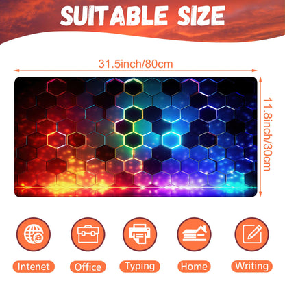 KOAIWPAE Desk Mat, Colorful Honeycomb Technology Desk Pad,Hexagonal Honeycomb Large Gaming Mouse Pad for Desk,31.5"x15.7" Extended Big Computer Keyboard Mouse Pad with Non-Slip Base and Stitched Edge