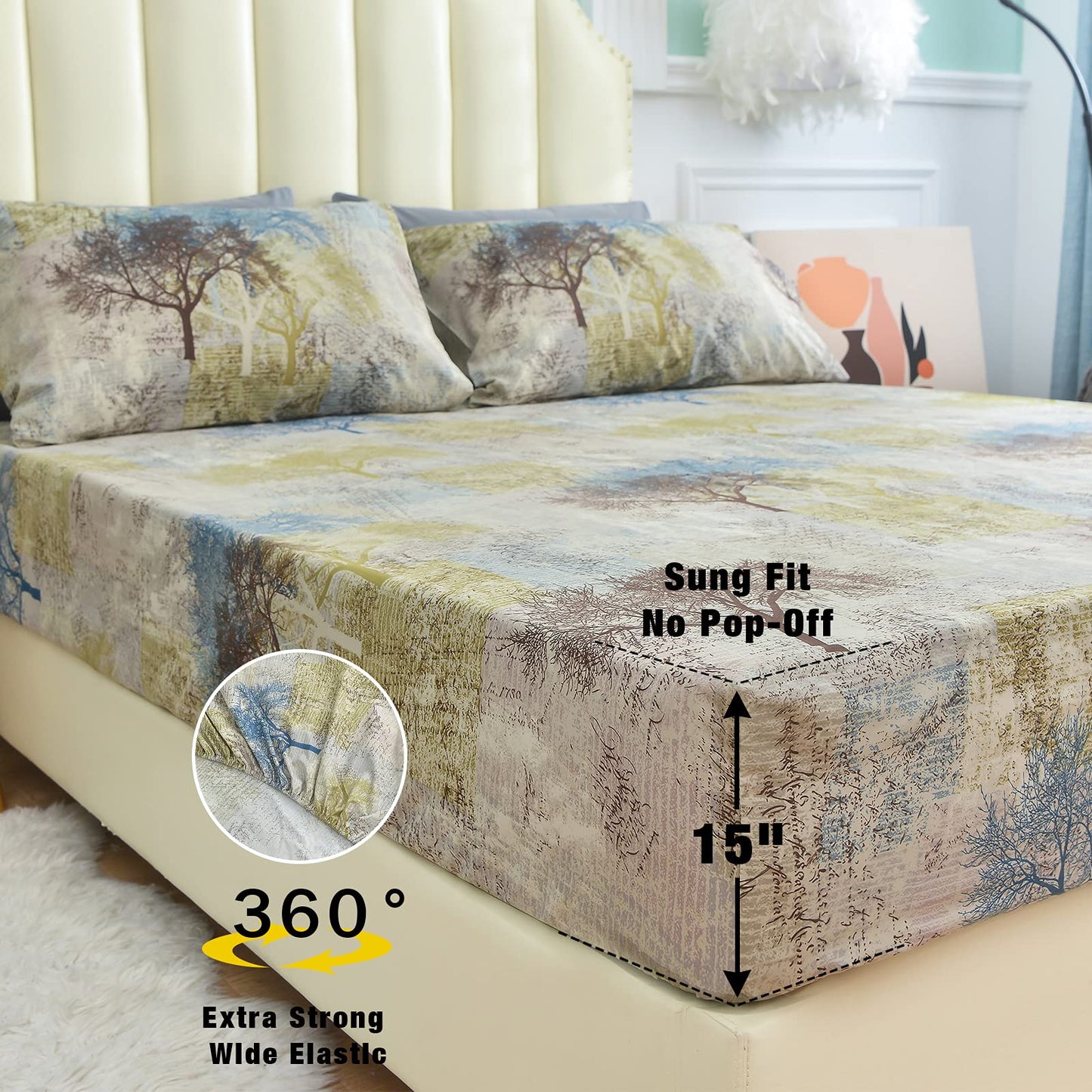 JSD Rustic Print Sheet Set Full Size, 4 Piece Tree Pattern Soft Microfiber Bedding Sheets Extra Deep Pocket