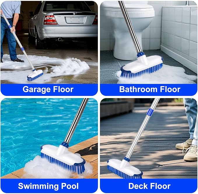 ITTAHO Floor Scrub Brush with Long Handle, 2 in 1 Deck Scrub Brush, Stiff