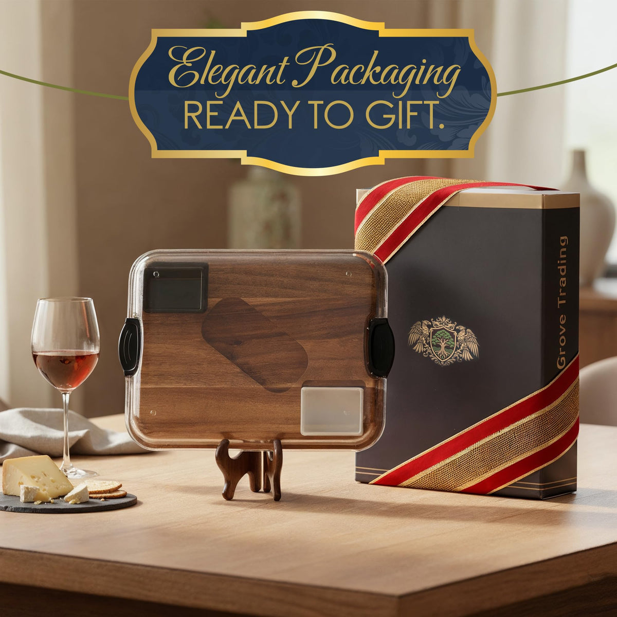 Covered Charcuterie Board with Locking Acrylic Lid, 15" x 11" Acacia Wood Serving Tray, 2 Dipping Containers, Gift Box Included