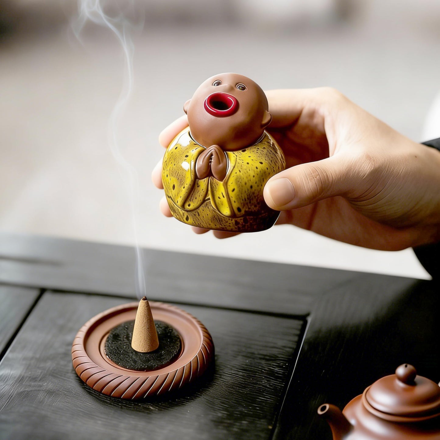 Ceramic Little Monk Incense Burner for Cones & Sticks, Cute Buddha Incense Holder with Mouth Smoke Effect, Zen Home Decor Meditation Gifts
