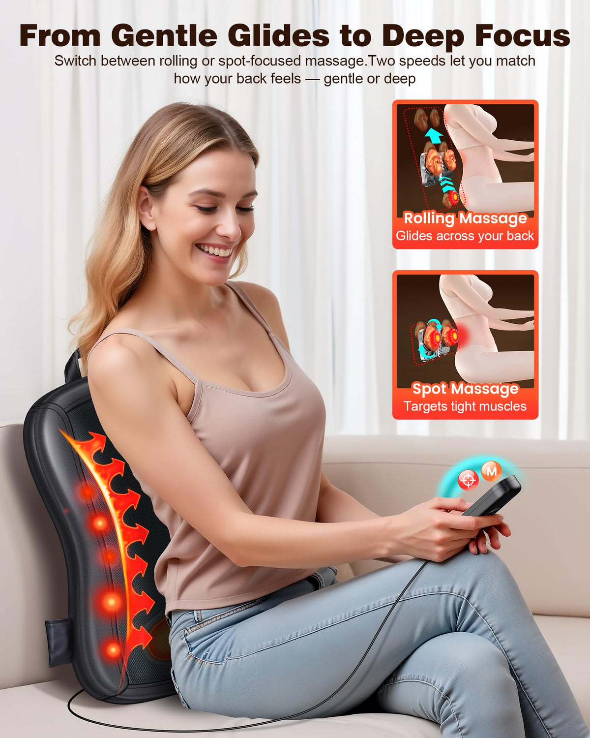 JZBRAIN Shiatsu Back Massager with Heat : Up and Down Rolling Massage - Electric Back Massager for Pain Relief Deep Tissue - Heated Lower Back Massager for Office, Home, Car Use