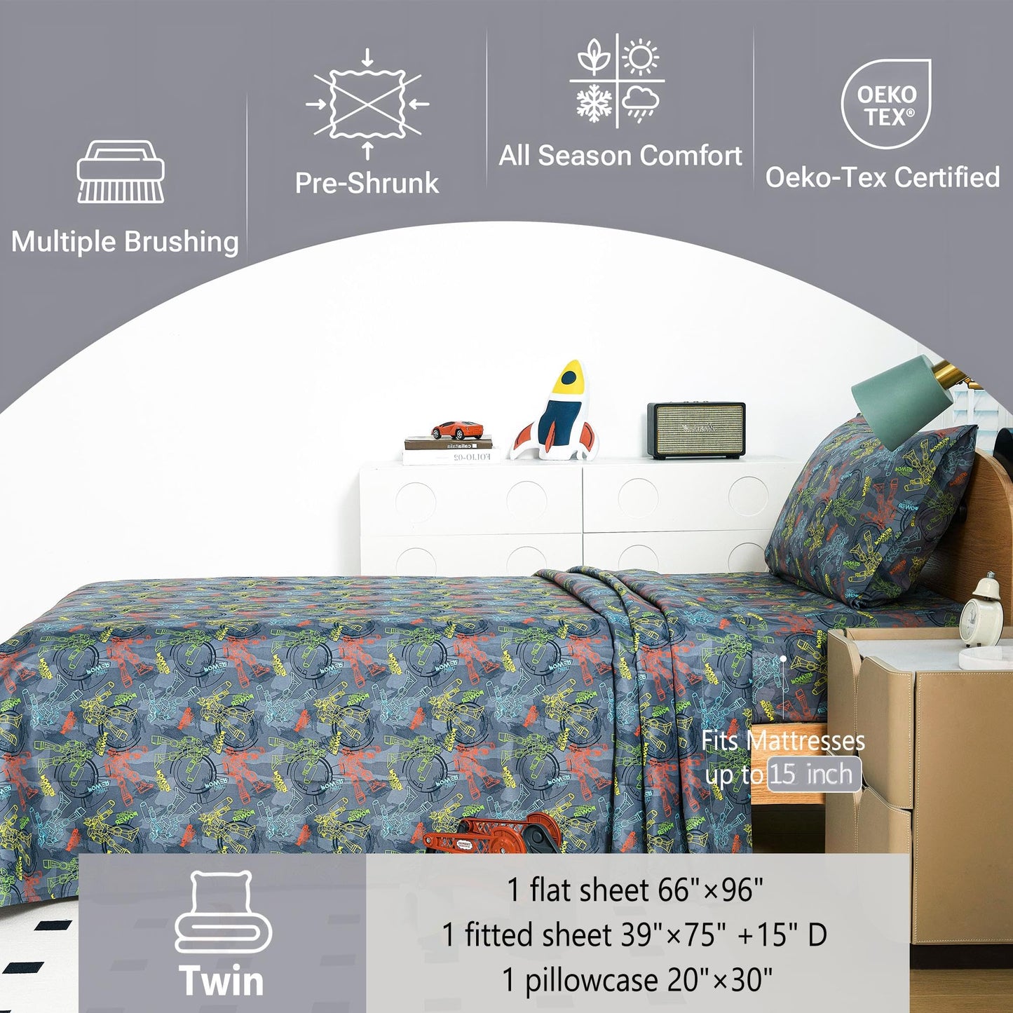 Softan Kids Bed Sheet Set, 3-Piece Twin Sheets Set, Microfiber Fitted Sheet with 15 Inches Deep Pocket and Corner Straps, Breathable & Silky Soft Linear Robot Printed Sheet and Pillowcase Sets