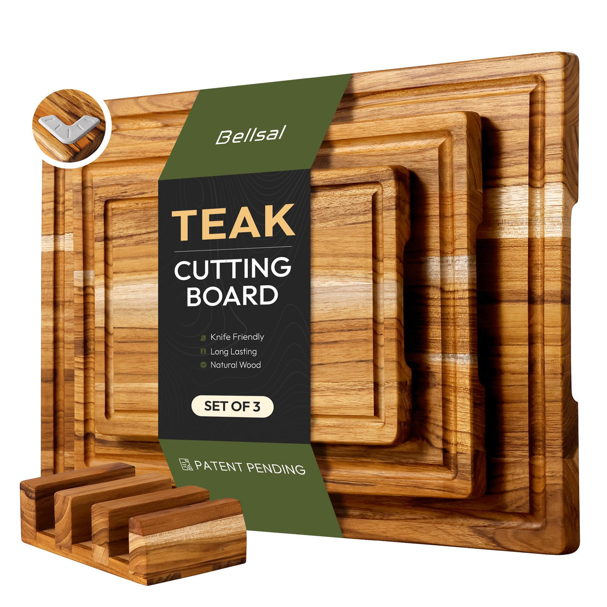 Bellsal 3 Pack Teak Wood Cutting Board Set for Kitchen Charcuterie Board Serving Heavy Duty Non Toxic Slip Over Sink Solid Thick Haus Wooden Chopping Board Large Big Small Meat Kitchen Essential Gift