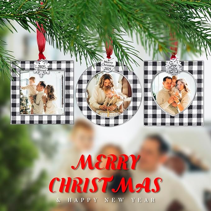GUOER 3PCS Christmas Tree Ornaments Set Picture Frame Ornament Holiday Keepsake Gift Home Decor Christmas Decorations Xmas Gifts Pendant with 2.5” Photo Frame Insert (Black White 2025)