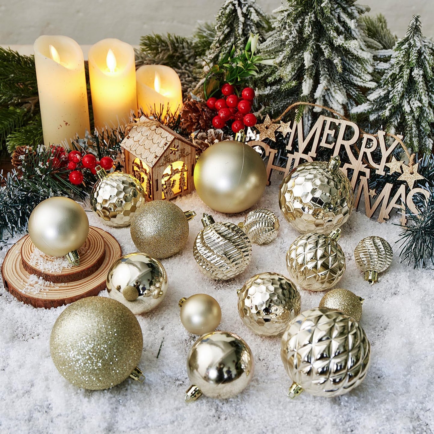 Christmas Balls Ornaments -36pcs Shatterproof Christmas Tree Decorations with Hanging Loop for Xmas Tree Wedding Holiday Party Home Decor,6 Styles in 3 Sizes(Champagne Gold)