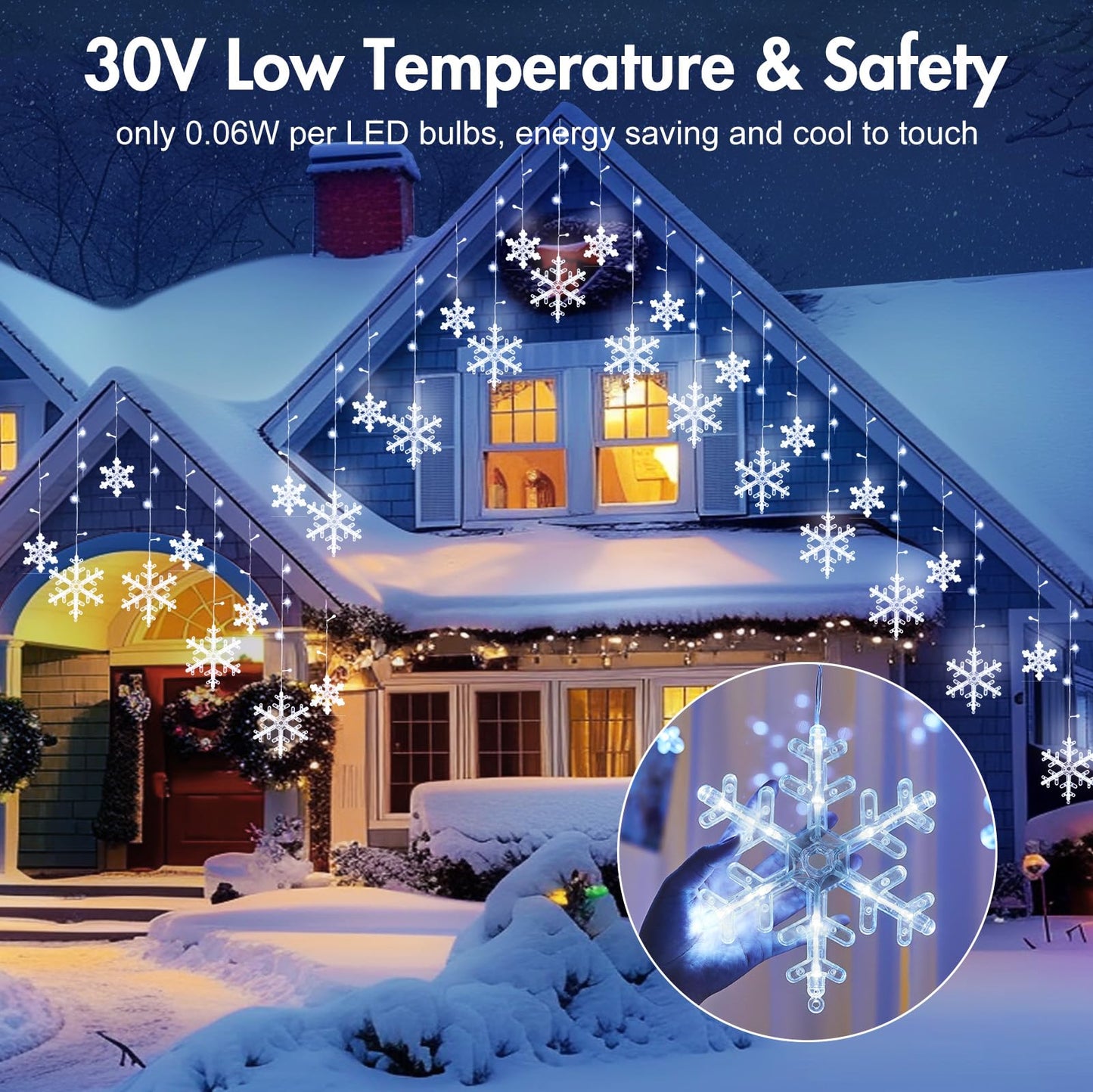 Christmas Snowflake Icicle Lights - 13ft 192LED Snowflake Drops, 12 Modes and Timer, IP65 Waterproof Connectable Christmas Lights for House Eave Window Indoor Outdoor, White