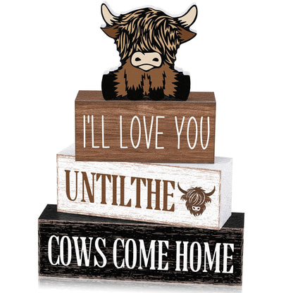 Marsui 4 Pcs Highland Cow Table Decorations Cow Wooden Signs Rustic Cow Tiered Tray Decor Western Tabletop Centerpieces Farmhouse Distressed Highland Cow Decor for Home Desk Room Kitchen Shelf Decor
