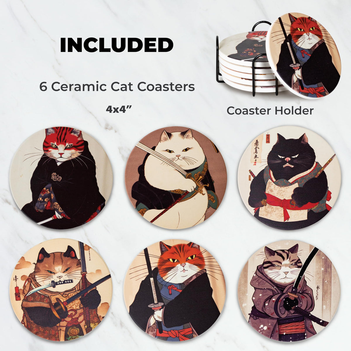 Gifts for Cat Lovers - Ninja Cat Coasters - Anime Cat Decor - Set of 6 Drink Coasters with Holder