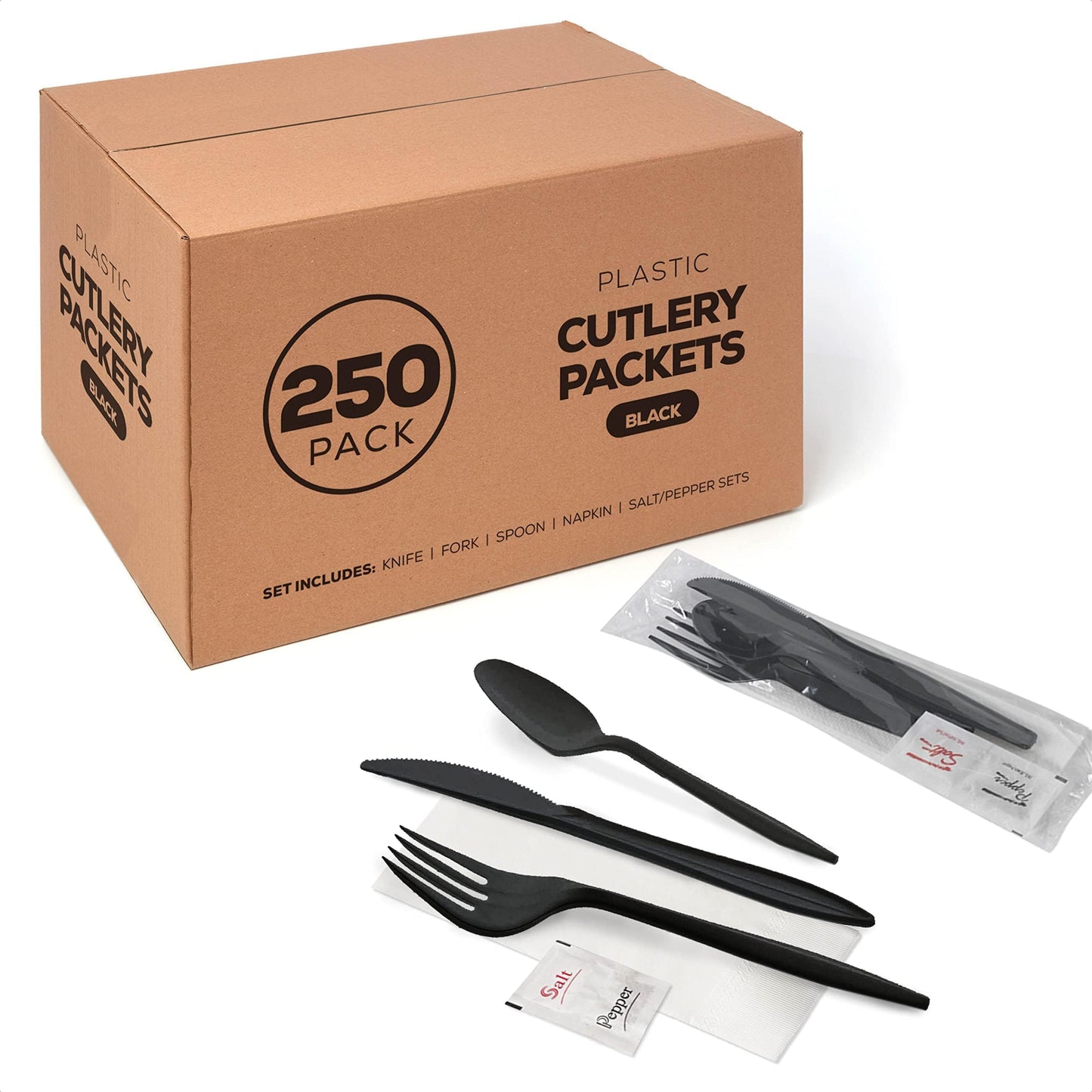 Supellectilem 250 Plastic Cutlery Packets-Knife Fork Spoon Napkin Salt Pepper Sets|Black Silverware Sets Individually Wrapped Kits, Utensil Set Disposable Bulk To Go, 250-BCP-KFSSP