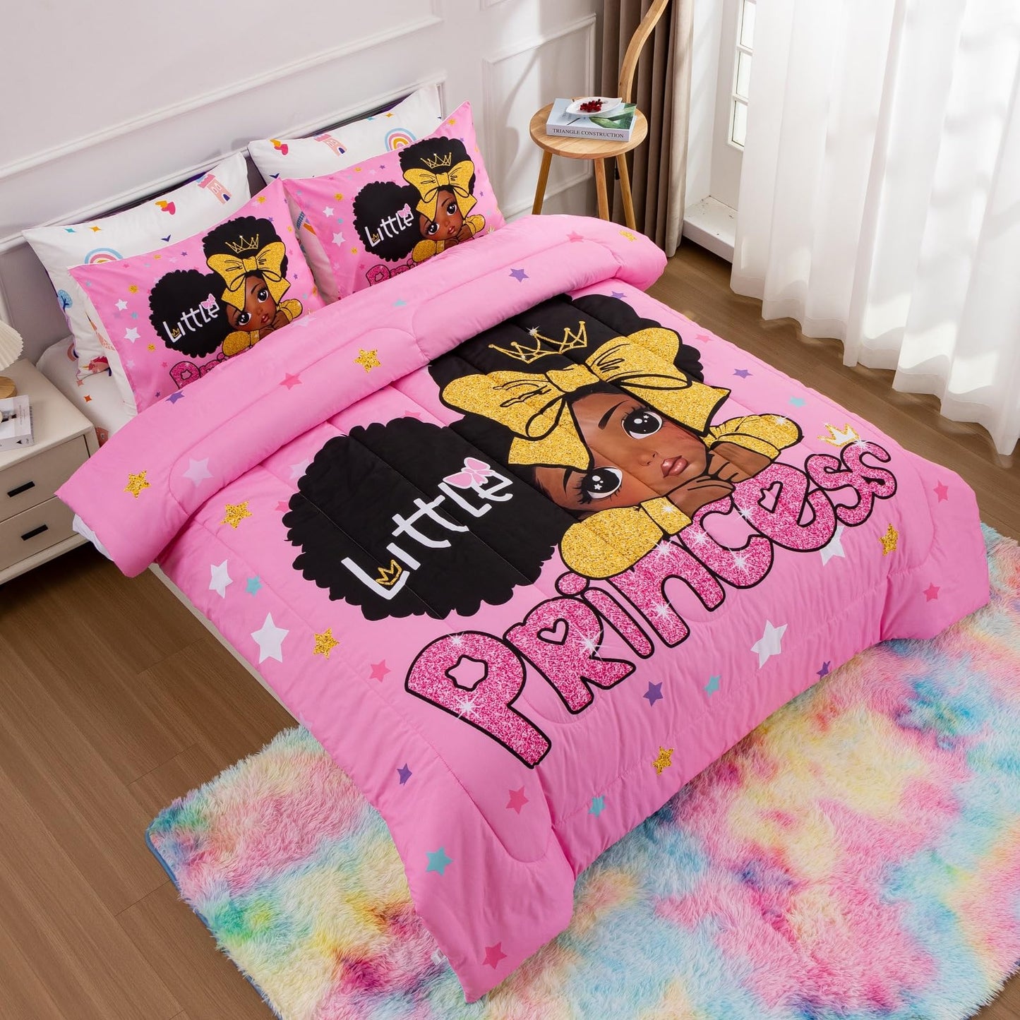 A Nice Night Black Girl Little Princess Comforter Set, Pink 6Pcs Bed in A Bag Twin Size Sparkling Stars Bedding Set,for Kids, Girls