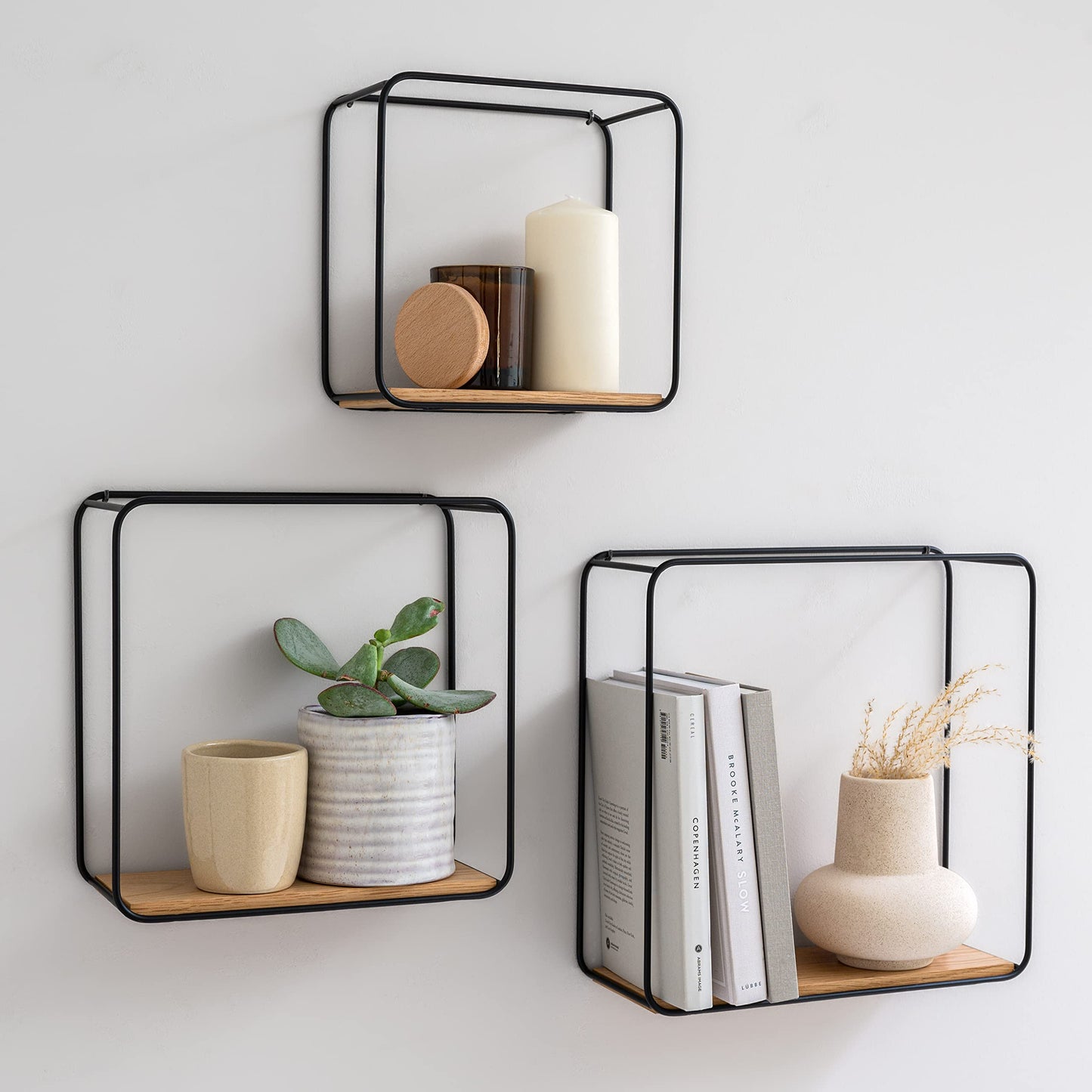Kazai. Wall Shelves -Jona- | 3-Part Shelving Unit made of Metal and Real Wood Veneer | Wall Decor, Storage and Book Shelf for Bathroom, Living Room, Kitchen, Bedroom and More | Oak