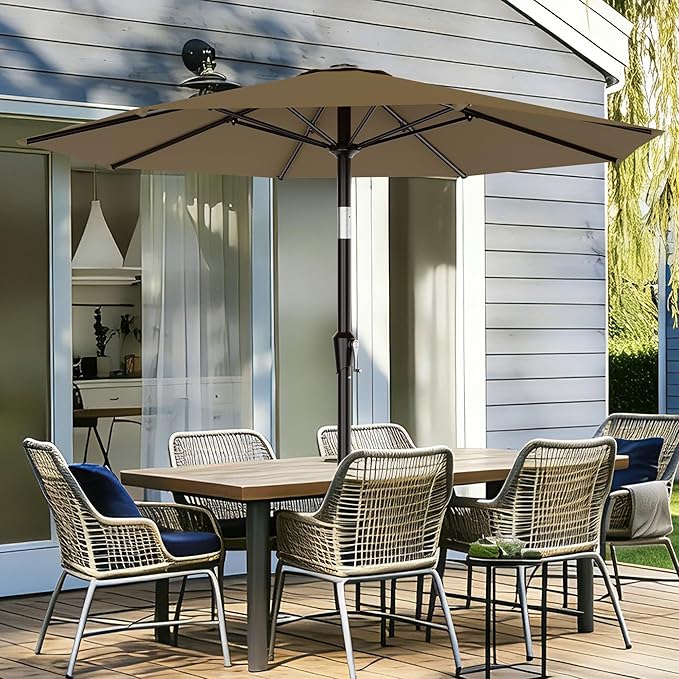AreShark 9 FT Patio Umbrella for Outdoor, Outdoor Table Umbrella with Push Button Tilt and Crank, Outdoor Patio Umbrellas with 8 Sturdy Ribs for Market, Garden, Pool (Khaki)