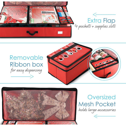 Hearth & Harbor Wrapping Paper Storage Container - Christmas Storage Bag with Ribbon Dispenser and Interior Pockets - Gift Wrap Organizer Fits Up to 26 Rolls of 40" Length, Red