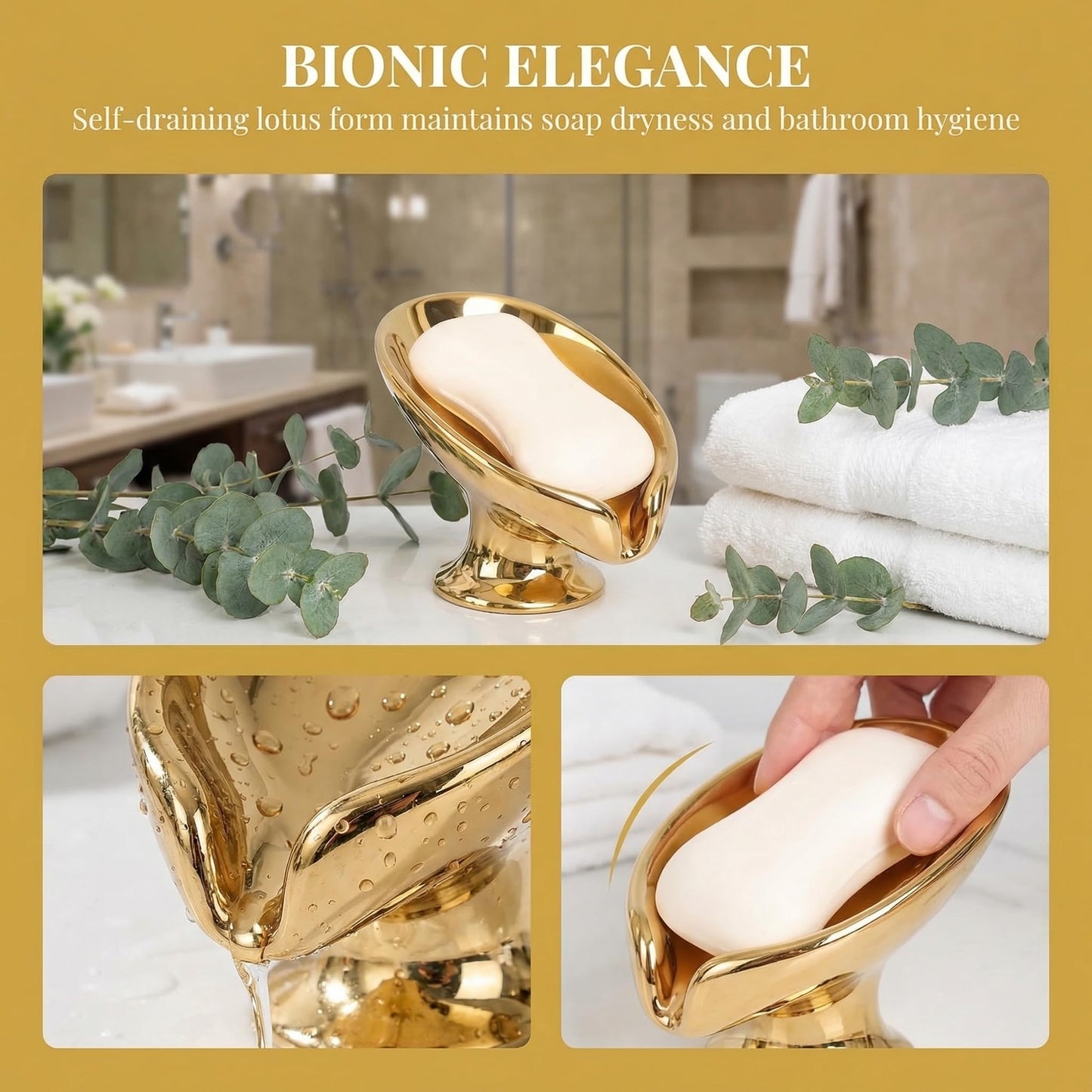 Bar Soap Holder, Soap Dish for Shower, Self Draining Soap Dish, Metallic Glossy Ceramic Soap Holder, Used for Sinks, Bathrooms, Showers,Kitchens (Golden)