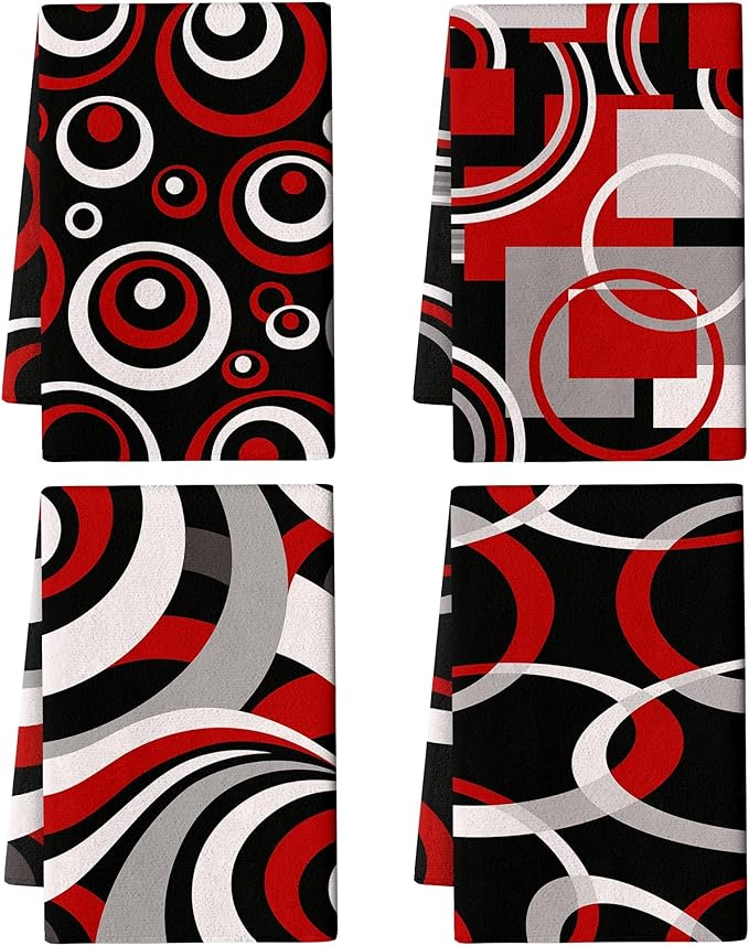 Red Black Grey White Kitchen Dish Towels Set of 4, Soft Absorbent Modern