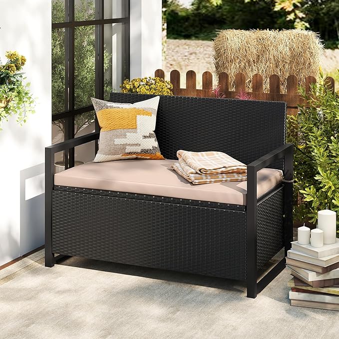 RELAX4LIFE Wicker Outdoor Bench with Storage - Rattan Deck Box w/Protective Liner for Pillows, Pool Supplies, Garden Tools, Patio Loveseat with Seat Cushion & Metal Armrests for Backyard Porch Balcony