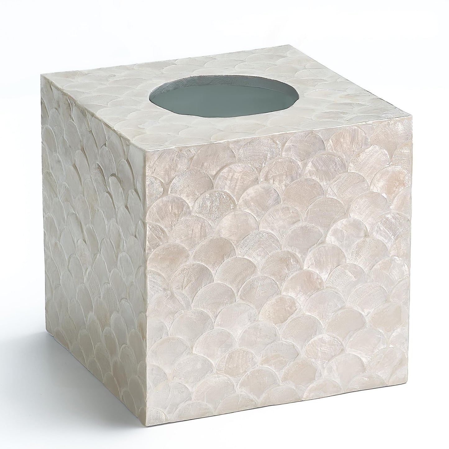 CHI AN HOME 5.5” Capiz Tissue Box Cover, Square Decorative Tissue Holder with Bottom Slider, Handmade Bathroom Accessories, Elegant White Cube for Vanity, Bedroom, Office & Coastal Décor (Natural)