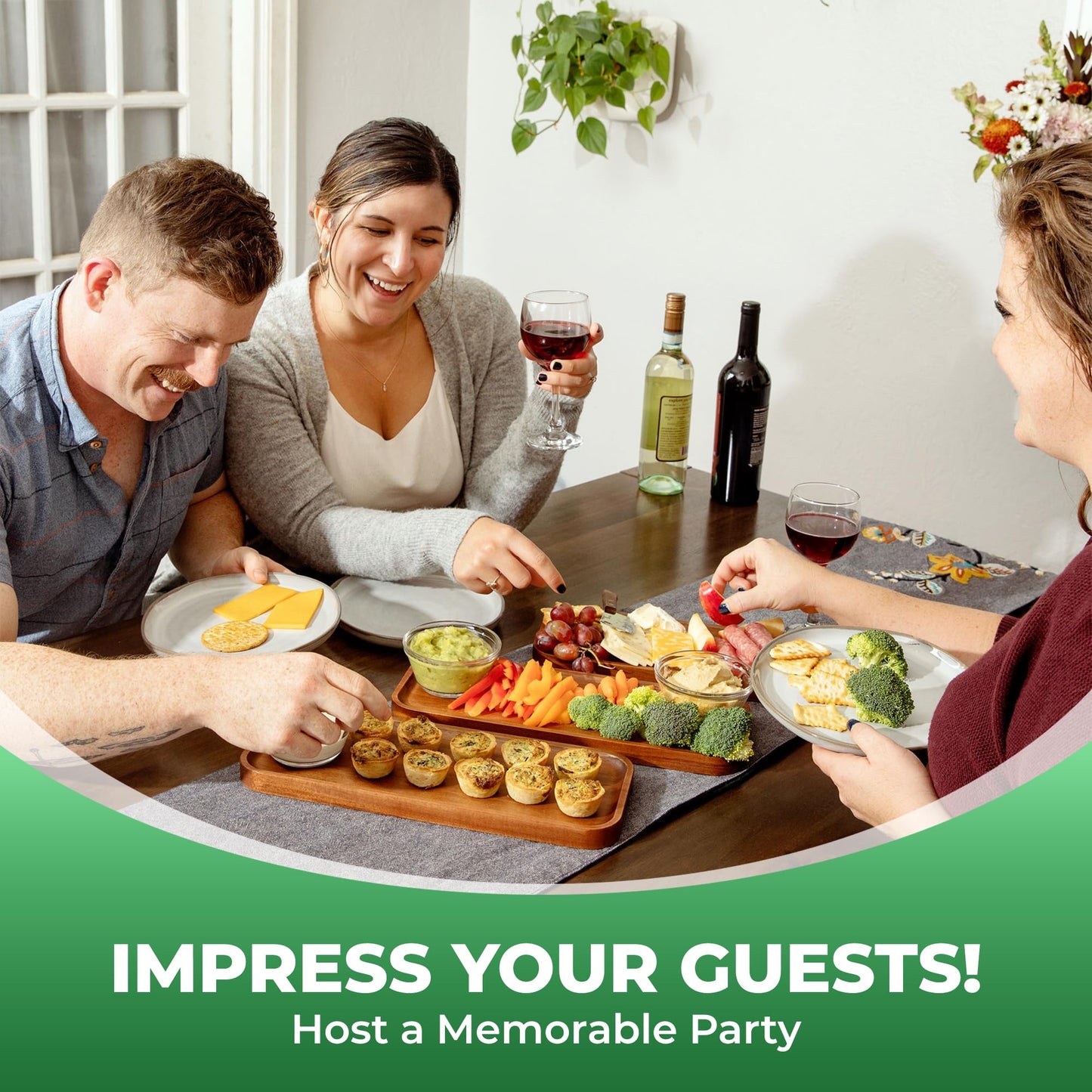 Solid Acacia Wood Serving Trays (14 x 5.5 inches) Rectangular Wooden Large Serving Platters for Food, Wooden Platter for Charcuterie, Appetizer Serving Tray, Wood Cheese Board (Set of 3 Plates)