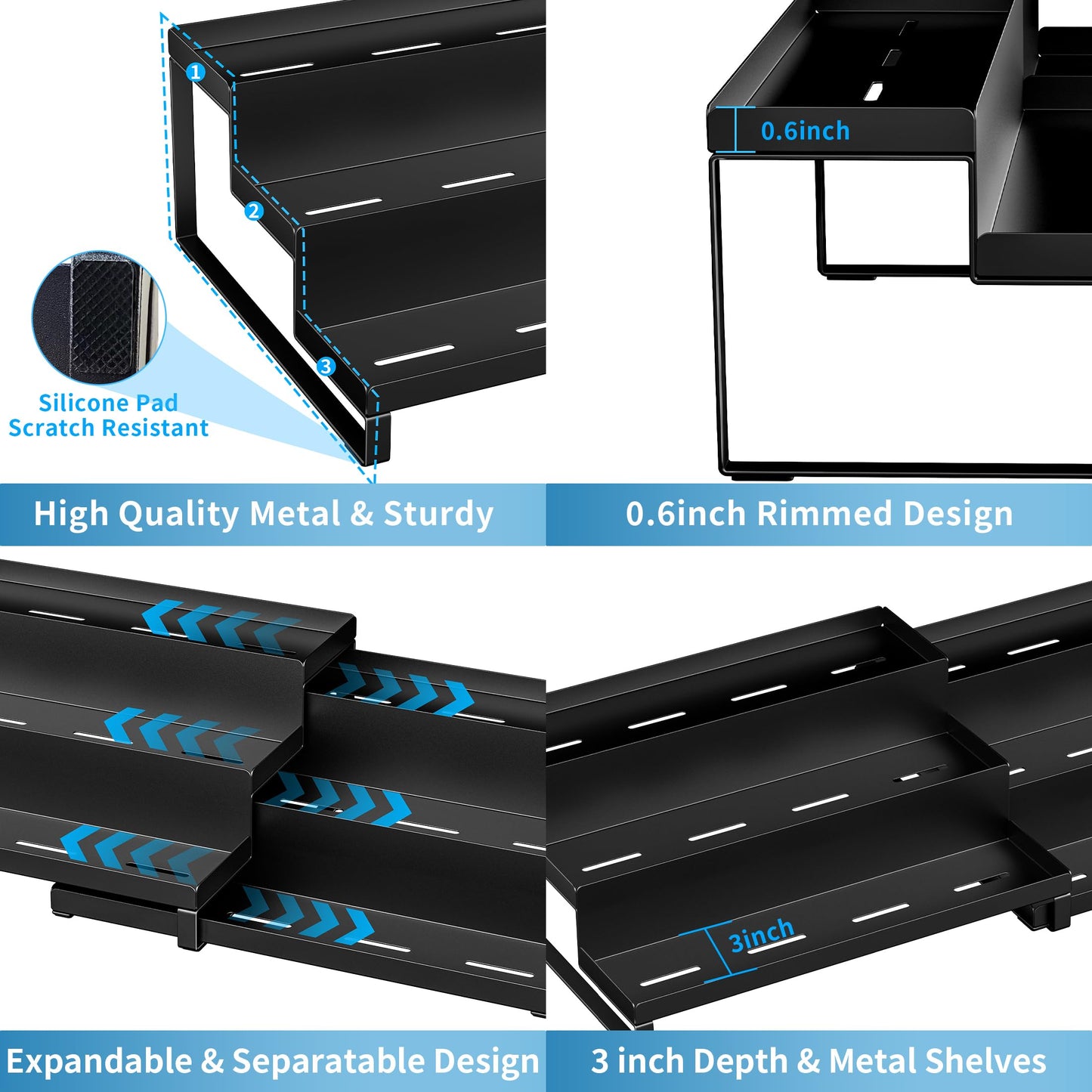 BOIVSHI Spice Rack Organizer for Cabinet, Expandable 3 - Tiered Spice Rack, Metal Spice Organizer, Spice Shelf Organizer for Cabinet, Countertop, Pantry, Cupboard, Black