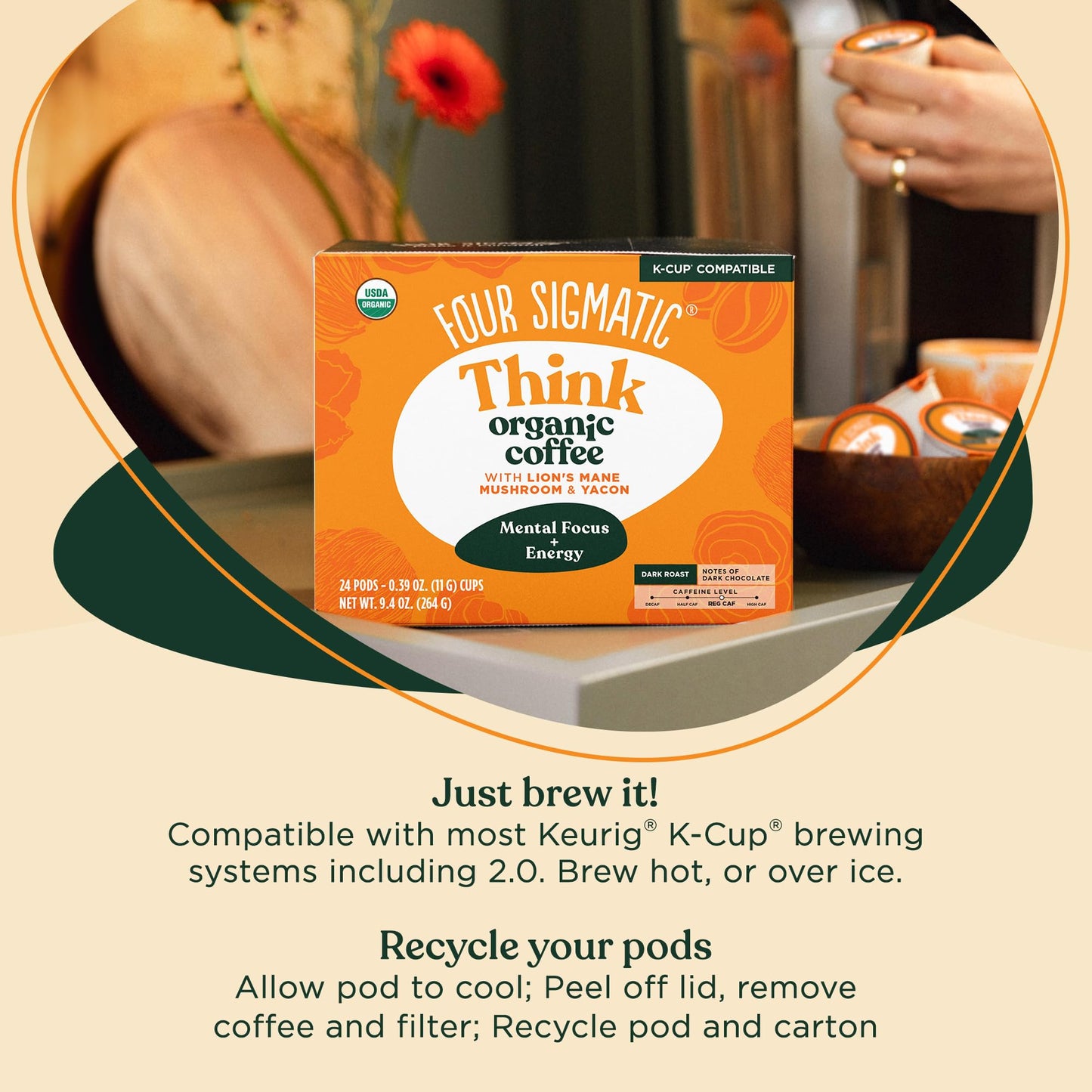 Four Sigmatic Mushroom Coffee K-Cups | Organic Dark Roast Coffee with Lion’s Mane Mushroom Powder & Yacon | Focus & Immune Support | Vegan & Keto | Sustainable Pods | 24 Count