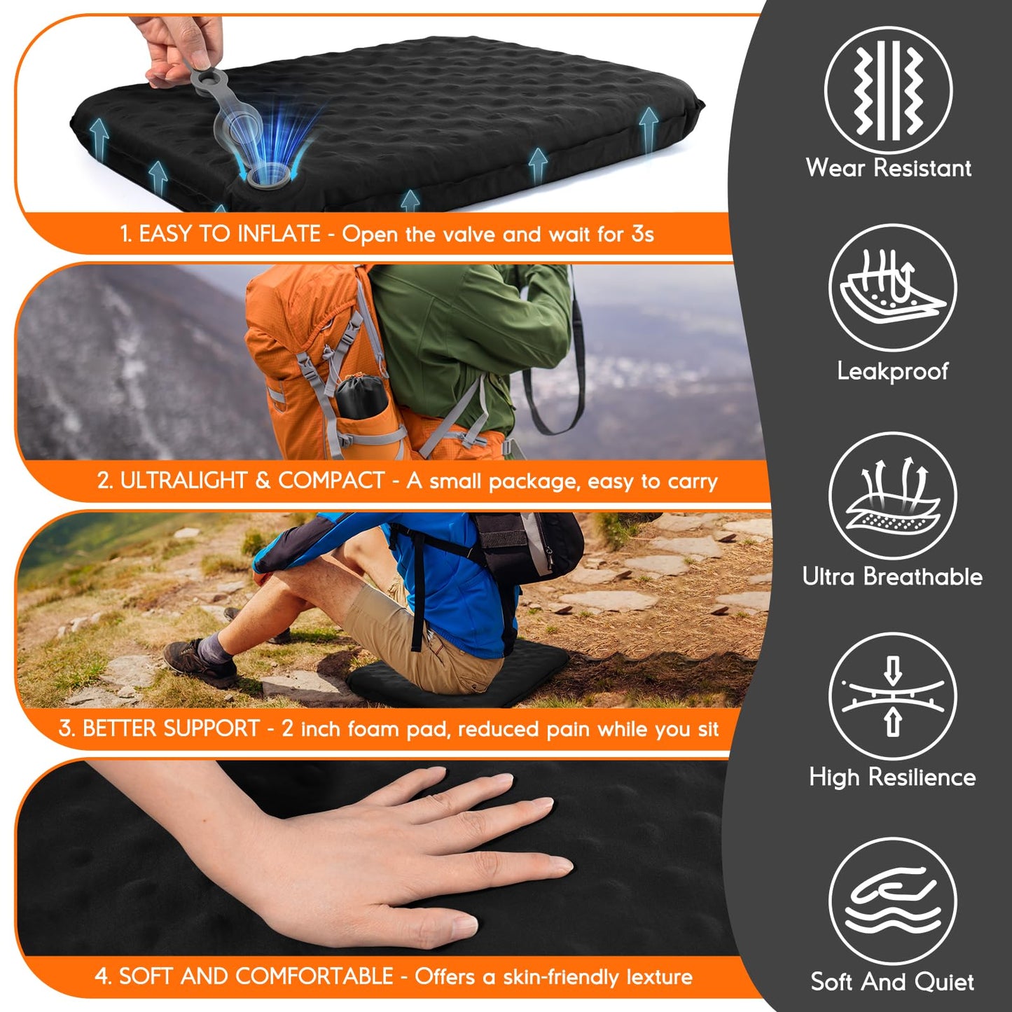 GDREAMT Inflatable Seat Cushion, Self-Inflating Memory Foam Stadium Seats Cushion Lightweight & Compact Chair Sitting Pad Airplane Cushion for Long Flight Travel Outdoor Camping Car Bleachers Office