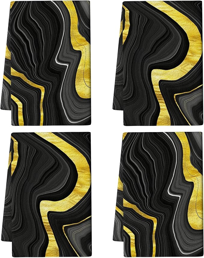 Black Gold Kitchen Dish Towels Set of 4 Soft Absorbent Marble Texture Black