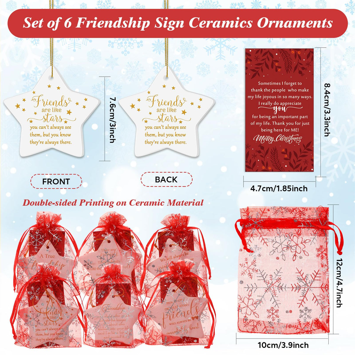 Suzile 6 Pcs Friendship Christmas Ornaments Long Distance Sister Christmas Ornament Gift Round Sisters Friends Ornaments with Holiday Cards Organza Gift Bag for Christmas Tree (Star)