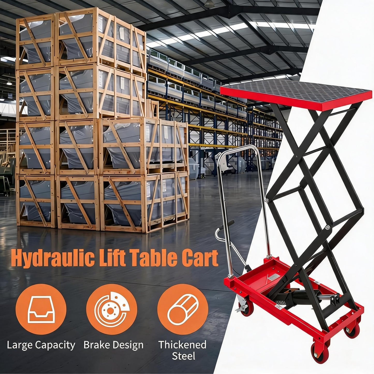 Hydraulic Double Scissor Lift Table Cart, 330 LBS Load Capacity, 50" Adjustable Height, Non-Slip Platform & 4 Universal Wheels, Heavy Duty Lift Table for Material Handling, Red