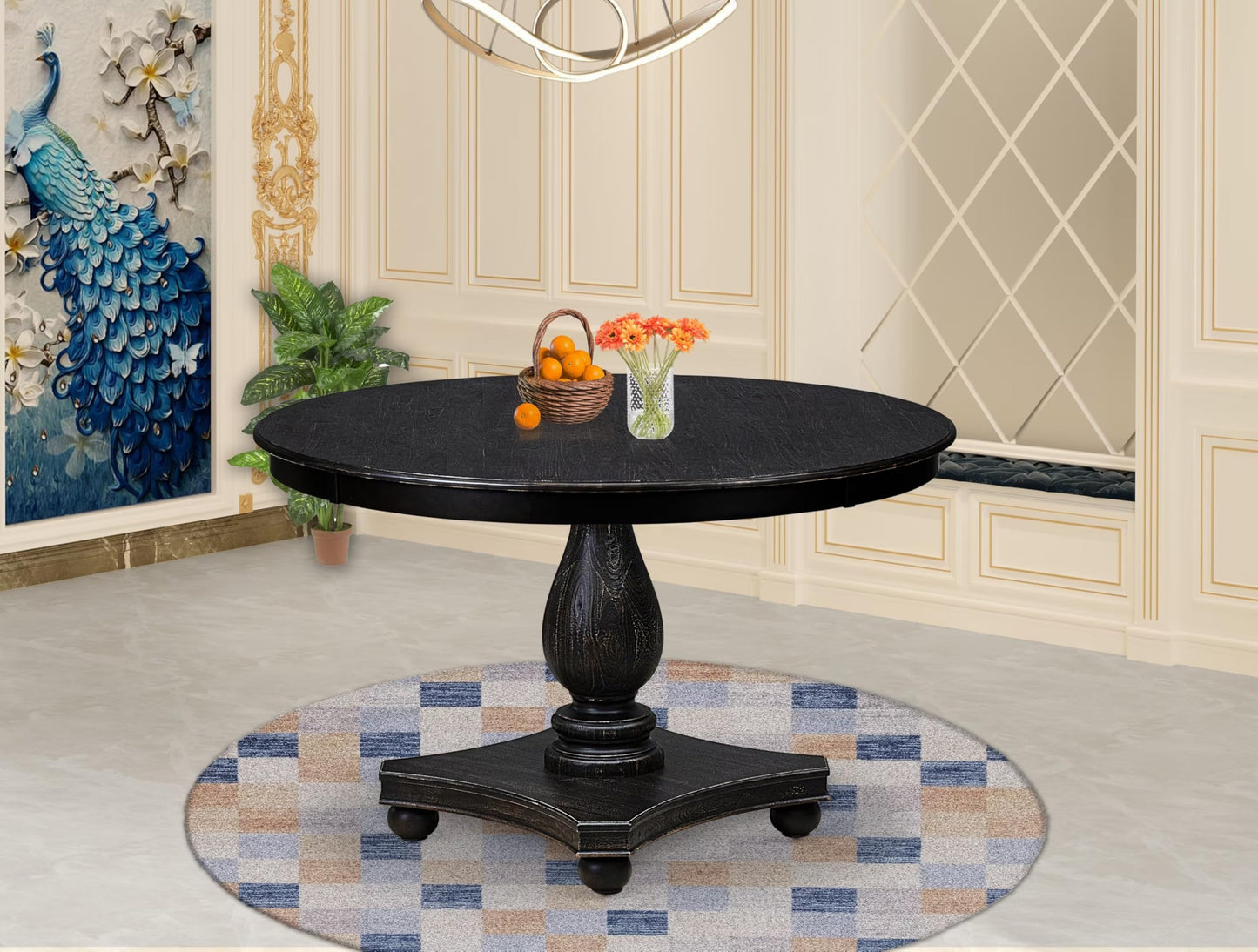 Luxe by East West Furniture FE2-11-TP - Mid Century Dining Table with Acacia Wood Round Tabletop, Sand Blasted Black Finish