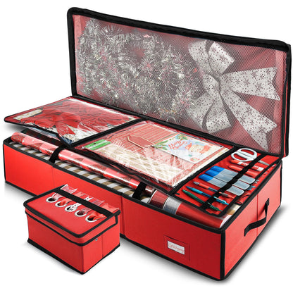 Hearth & Harbor Wrapping Paper Storage Container - Christmas Storage Bag with Ribbon Dispenser and Interior Pockets - Gift Wrap Organizer Fits Up to 26 Rolls of 40" Length, Red
