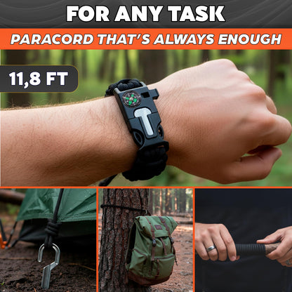 Paracord Bracelets for Men and Women – Adjustable Survival Paracord Bracelet with 11.8 ft Nylon Cord, Flint Fire Starter, Compass, Whistle & Scraper – Camping, Hiking, Fishing Gear (Black & Khaki)