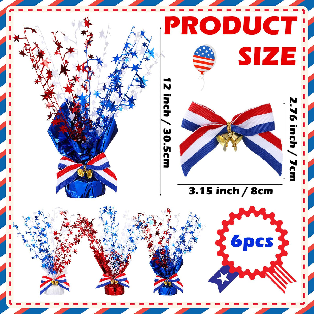 Suncalla 6 Pack 4th of July Table Centerpiece Decoration Red White Blue Patriotic Decorations Metallic Stars Centerpieces for 250th Anniversary Independence Day American Decor