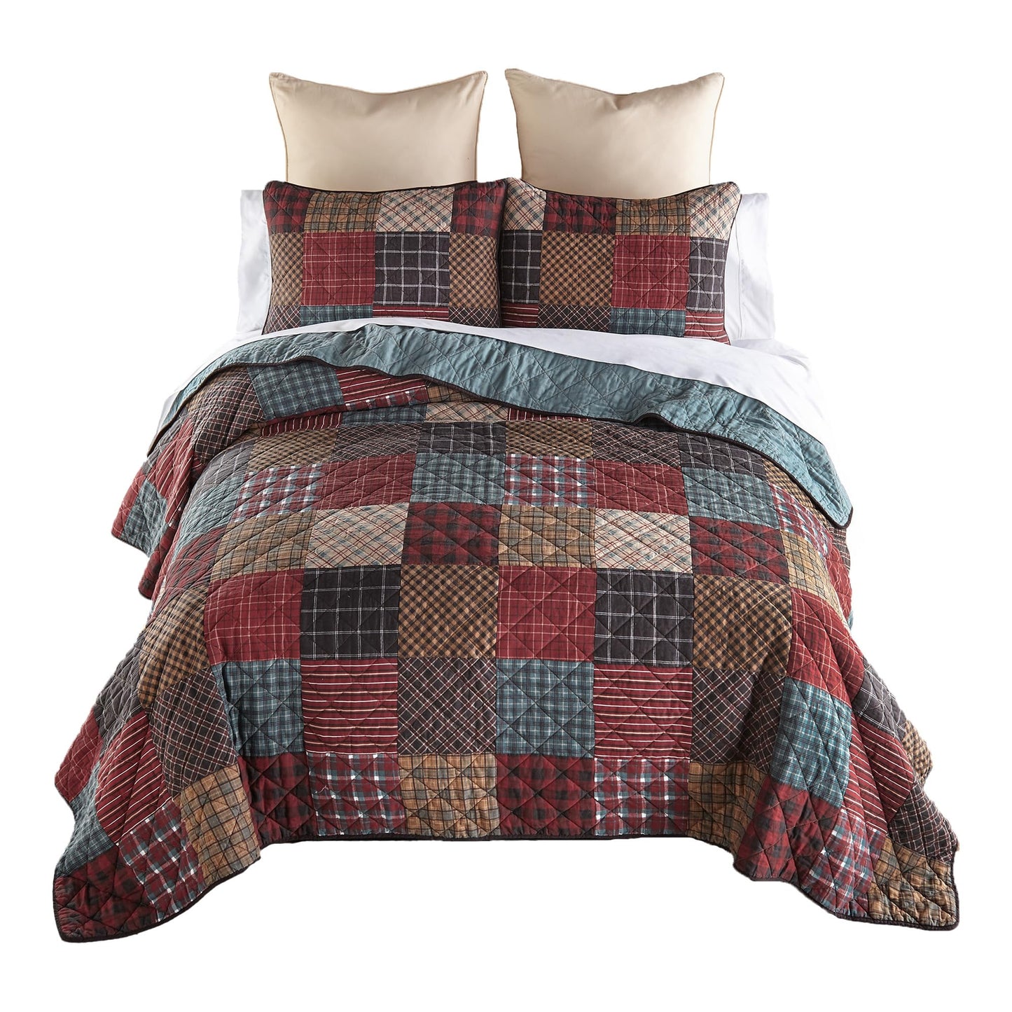 Donna Sharp Appalachia Plaid Cotton Pieced Patchwork Quilted Bedding Set - 3-Piece Queen Size Quilt Set - Includes 1 Quilt and 2 Pillow Shams - Machine Washable - Perfect for Rustic Decor