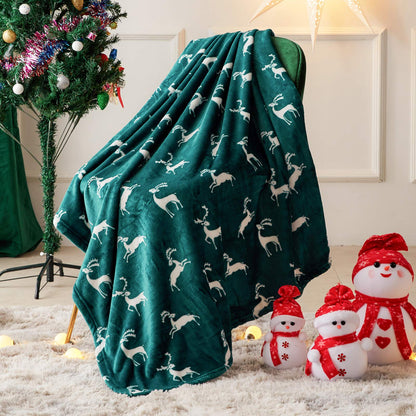 FY FIBER HOUSE Christmas Home Decor Flannel Fleece Throw Blanket for Couch Sofa with Reindeer Print，50"X60", Green