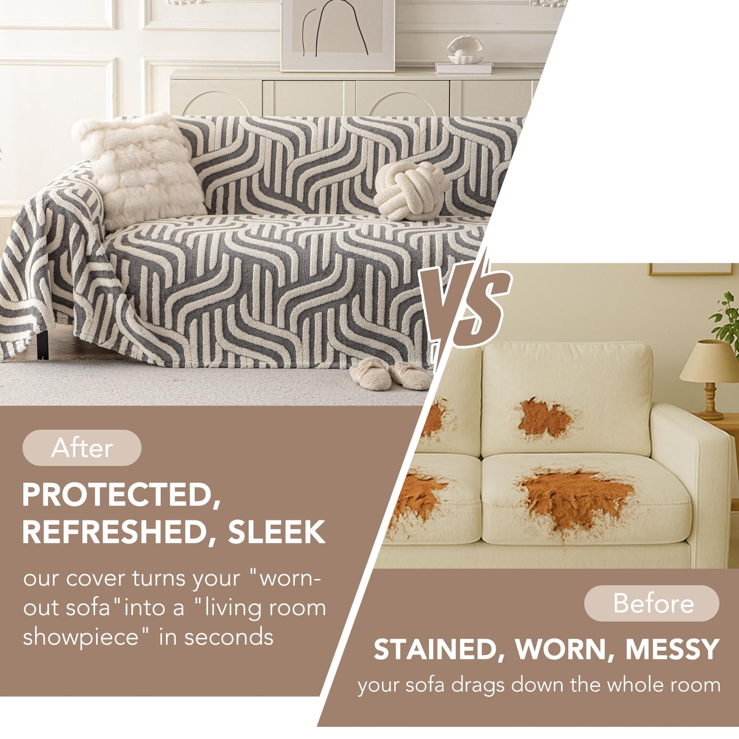 KaviKon Non Slip Couch Covers for 3 Cushion, Scratch Resistant Pet Friendly Sofa Couch Covers for Dogs, Sherpa Velvet Protectors Slipcovers, Washable Furniture Covers, 71" x 118", Geometric Wave Grey