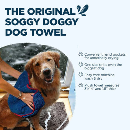 Soggy Doggy Super Shammy Dog Towel - Microfiber Chenille Towel for Drying Dogs and Cleaning Paws - Fast Drying with Hand Pockets for Ease (Blue/Red Trim, 31” x 14”)