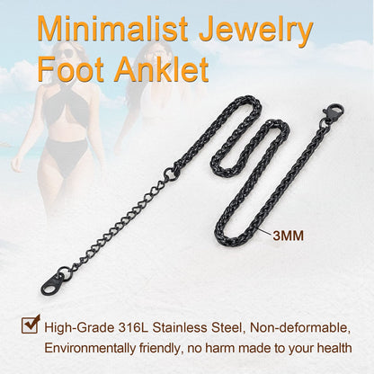 U7 Black Ankle Chains for Women Girl Foot Jewellery Stainless Steel Summer Anklet Bracelet