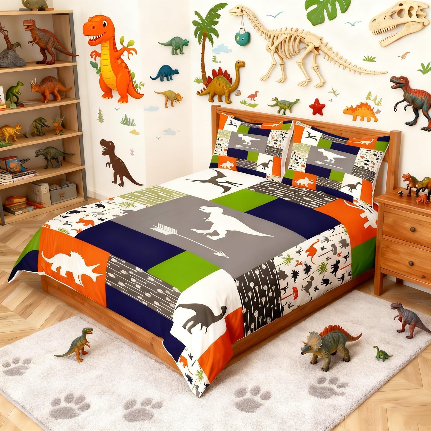 Dinosaur Bedding Set Queen,Dinosaur Silhouette Comforter Cover for Boys Girls,Kids Arrow Printed Duvet Cover Set Blue Orange Green Bedspread Cover Fashion Teens Bedroom Decor 3 Pcs Bed Collection