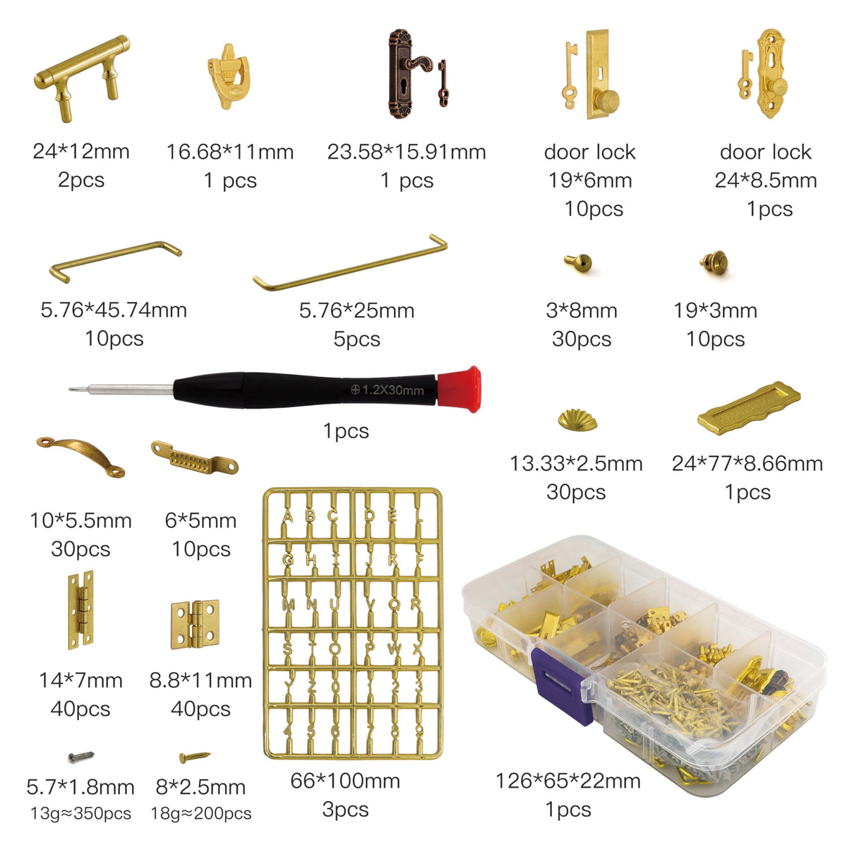 iland 1/12 Scale Dollhouse Accessories, 700+ PCS Miniature Hardware Kit: 20 Kinds Mini Knobs, Hinges, Handles & Locks w/Screws, Miniature Building Supplies for Dollhouse Door Window and Craft Project