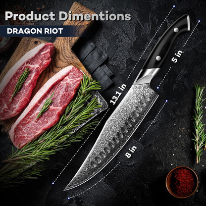 DRAGON RIOT Japanese Chef Knife, Damascus Kitchen Knife with VG10 Steel Core, Ultra Sharp Handmade Cooking Knives with Ergonomic Handle, Premium Gift Box for Mon and Dad