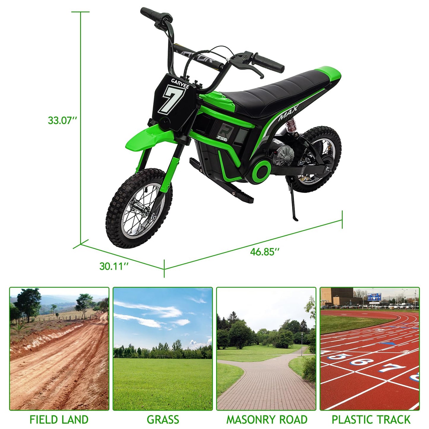 Garvee 24V 350W Kids Electric Dirt Bike - 3-Speed Modes, Up to 14.29 MPH, Off-Road Ride-On Motorcycle, Safe Metal Suspension, Shock-Proof, Max Weight 135 lbs for Boys & Girls Ages 6-12 - Green 7