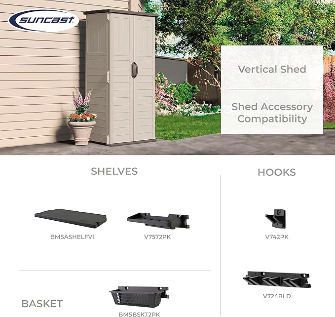 Suncast Vertical Outdoor Storage Shed with All-Weather Construction, Vanilla