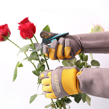 COOLJOB Gardening Gloves for Women and Men, Thorn Resistant Heavy Duty Garden Gloves, Long Sleeve Forearm Protection Ladies, Synthetic Leather Gauntlets for Pruning, Orange & Grey (1 Pair, Size M)