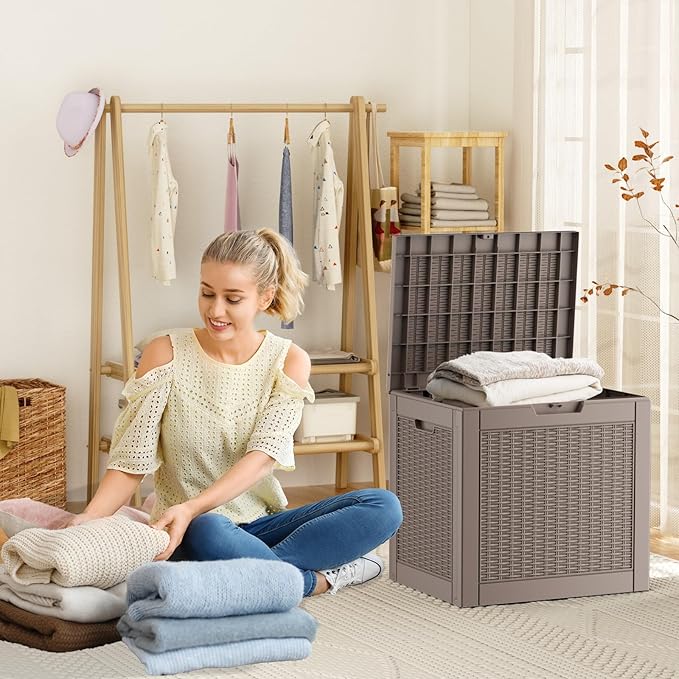 32 Gallon Outdoor Storage Box, Large Resin Deck Box for Patio Cushions, Garden Tools, Pool Accessories, Waterproof and Lockable Design, Storage Bench for Backyard & Deck(Gray)