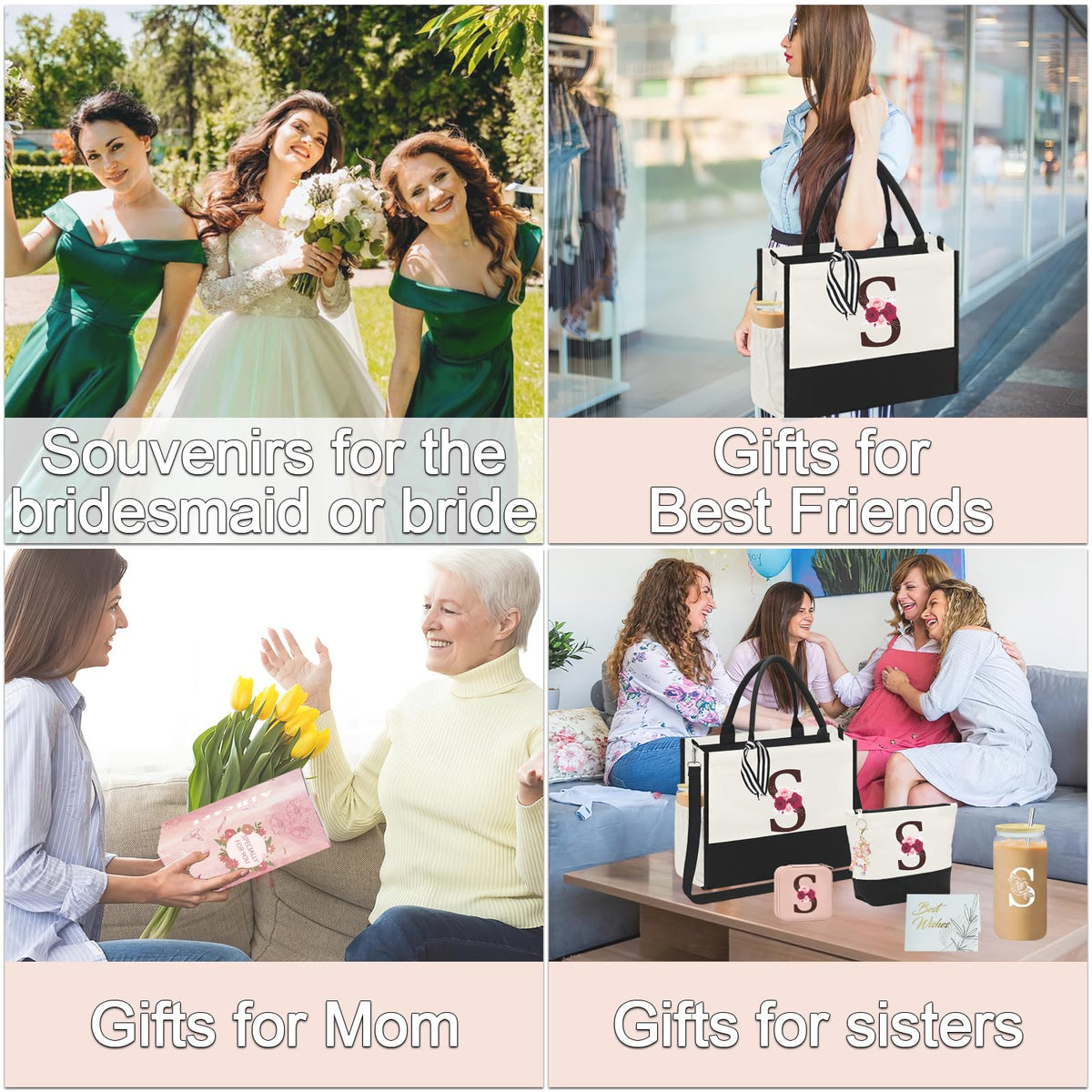 AiHeart Mother's Day Gifts,Birthday Gift for Women,Initial Canvas Tote Bag,Personalized Gifts for Women,16oz Glass Cup With Straw,Jewelry Storage Box,Monogrammed Gift for Woman Mom Sister Bestie-S