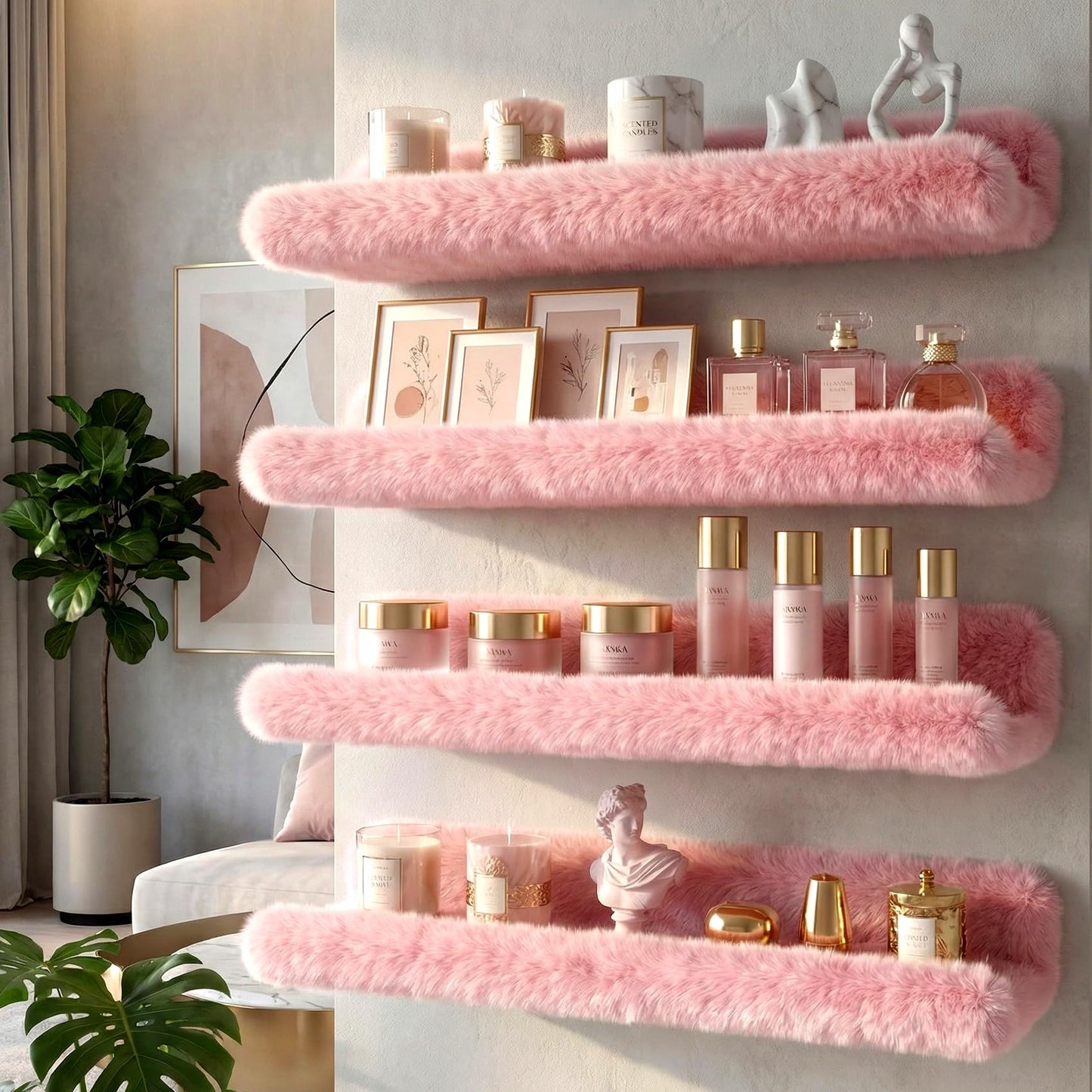 Care&More YJ 15 Inch Nail Polish Shelves, 4-Pack Fuzzy Display Nail Polish Rack for Storing Nail Bottles, Sunglasses, Essential Oils, Plush Soft Pink